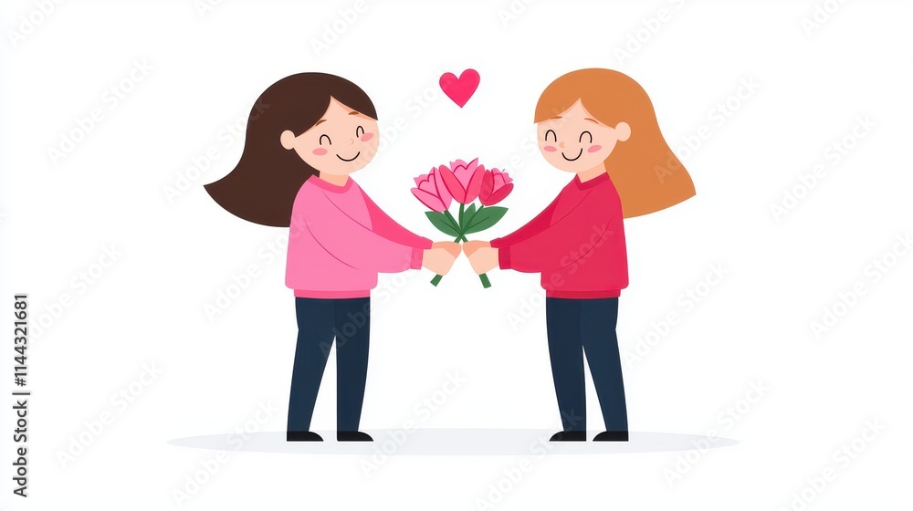 Lesbian Couple, Love, Flowers, Illustration Lesbian Couple, Love, Flowers, Illustration