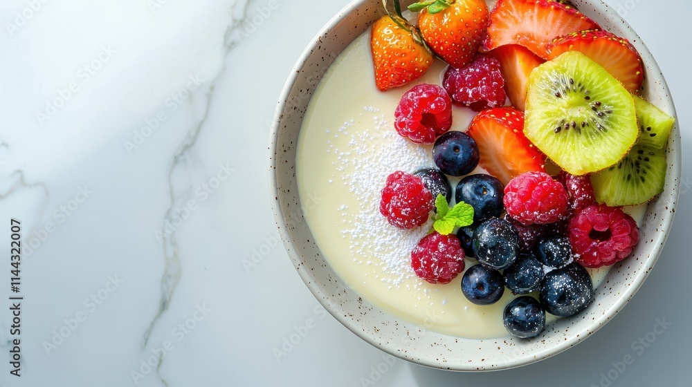 Fresh Fruit Bowl with Yogurt, Berries, and Mint Leaves on Marble Surface Fresh Fruit Bowl with Yogurt, Berries, and Mint Leaves on Marble Surface