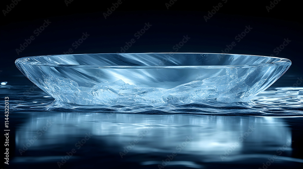 Obraz premium Close-up of a contact lens resting on a dark, reflective surface, showing its curved shape and texture.