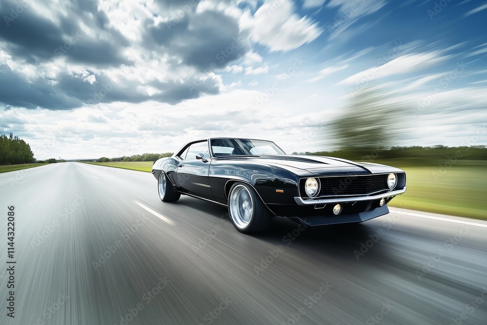 Muscle car roaring down an open highway with a blurred background showing the speed. Muscle car roaring down an open highway with a blurred background showing the speed.