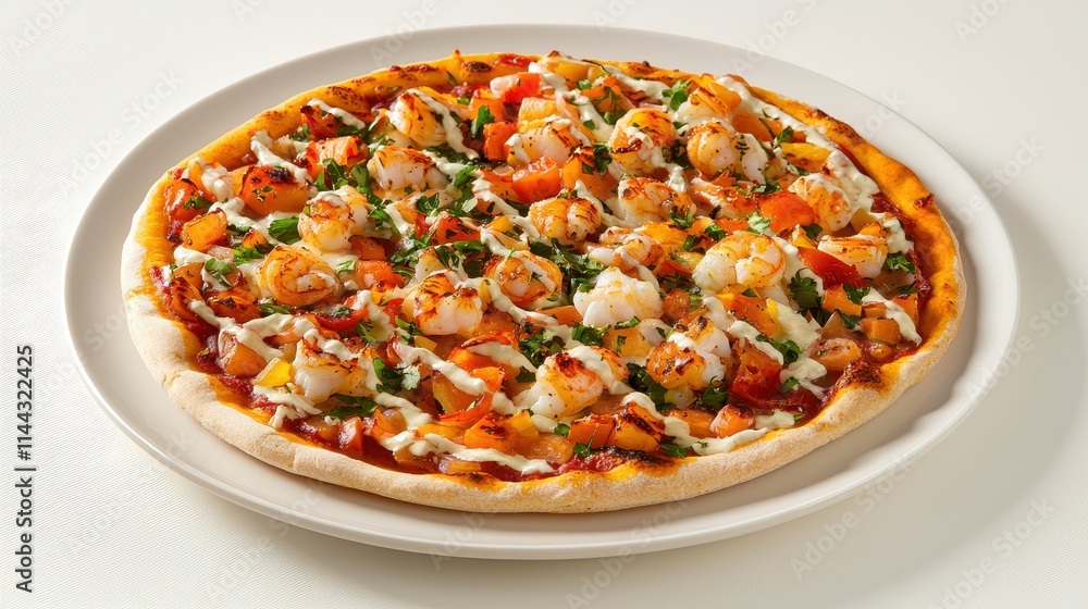 Gourmet Shrimp Pizza with Fresh Vegetables and Creamy Sauce on a White Plate Gourmet Shrimp Pizza with Fresh Vegetables and Creamy Sauce on a White Plate