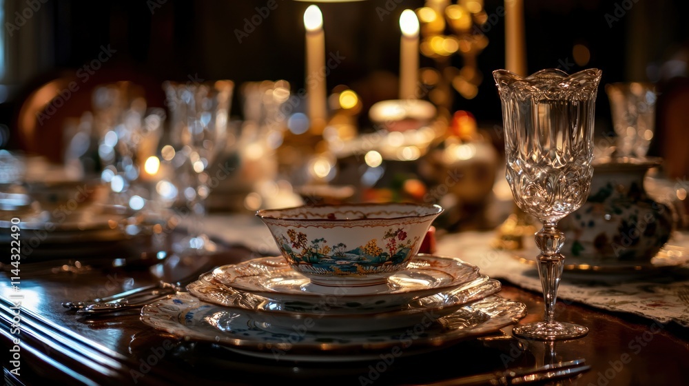 A close-up of a perfectly arranged elegant dining table with fine china, crystal glassware, and soft candlelight. A close-up of a perfectly arranged elegant dining table with fine china, crystal glassware, and soft candlelight.
