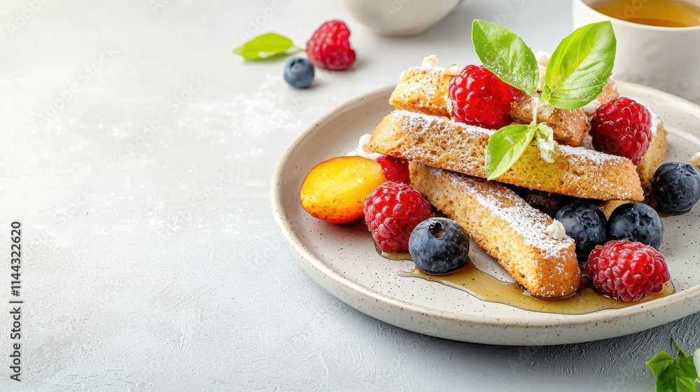 Delicious French Toast Stack with Fresh Berries and Maple Syrup on a Light Background Delicious French Toast Stack with Fresh Berries and Maple Syrup on a Light Background