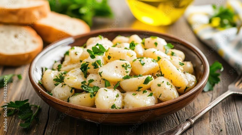 Delicious Potato Gnocchi with Fresh Herbs and Olive Oil in Rustic Setting Delicious Potato Gnocchi with Fresh Herbs and Olive Oil in Rustic Setting
