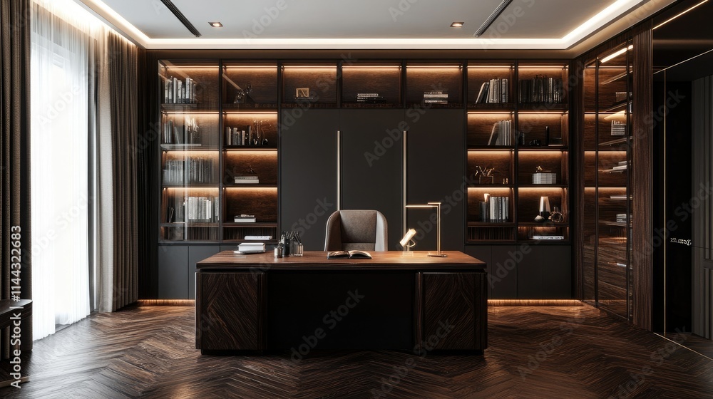 A luxurious home office with dark-stained parquet floors, a large wooden desk, and built-in bookshelves A luxurious home office with dark-stained parquet floors, a large wooden desk, and built-in bookshelves