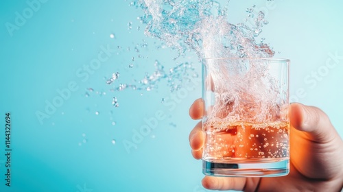 A glass filled with a light-colored liquid splashes energetically against a striking blue background, capturing the essence of motion and creativity. photo