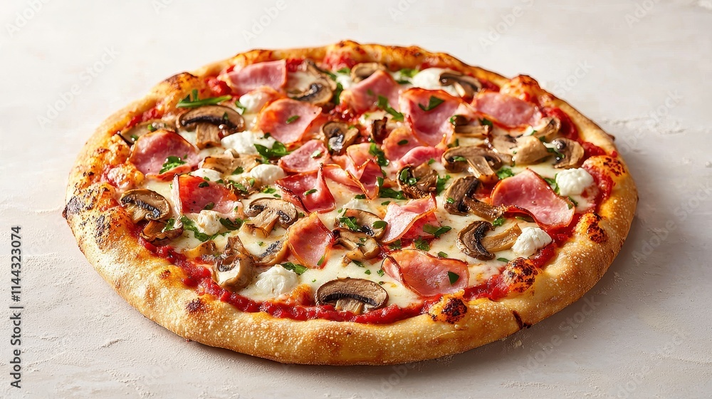 Delicious gourmet pizza topped with ham, mushrooms, and fresh herbs on a rustic background Delicious gourmet pizza topped with ham, mushrooms, and fresh herbs on a rustic background