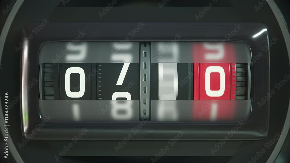 Dynamic opening countdown sequence with spinning mechanical counter from 10 to 0 Industrial style number display. Retro mechanical spinning counter with dramatic slow zoom. Ultra HD 4K animation