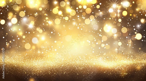 Golden bokeh lights creating a shimmering, festive glow with soft focus and radiant warmth. A dreamy, glamorous background perfect for celebratory and seasonal designs.