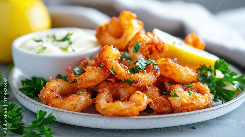 Crispy Fried Shrimp with Lemon Wedge and Dipping Sauce on a Stylish Plate Crispy Fried Shrimp with Lemon Wedge and Dipping Sauce on a Stylish Plate