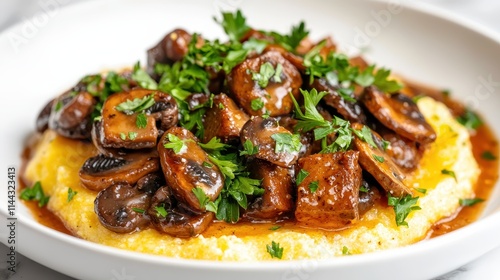 Savory Polenta Dish Topped with Mushrooms and Fresh Herbs on White Plate