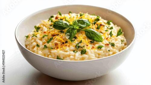 Creamy Risotto with Fresh Herbs and Cheese Topped with Basil Garnish