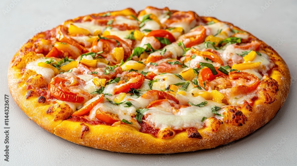 Freshly Baked Pizza with Colorful Vegetables and Melty Cheese on a Light Background Freshly Baked Pizza with Colorful Vegetables and Melty Cheese on a Light Background