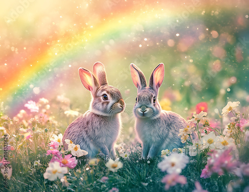 Two rabbits sitting in a field of flowers with a rainbow backdrop, perfect for spring photography. photo