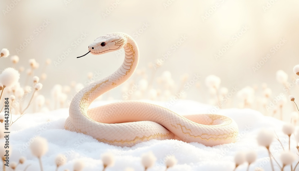 Minimalistic snake, pastel tones, golden accents, coiled ring, snow-covered meadow background Minimalistic snake, pastel tones, golden accents, coiled ring, snow-covered meadow background