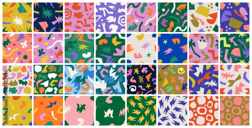 collection of fun doodles and repeating patterns. Abstract and colorful backgrounds for decoration, packaging, cards, posters, covers, banners or branding. Funky seamless vector patterns.