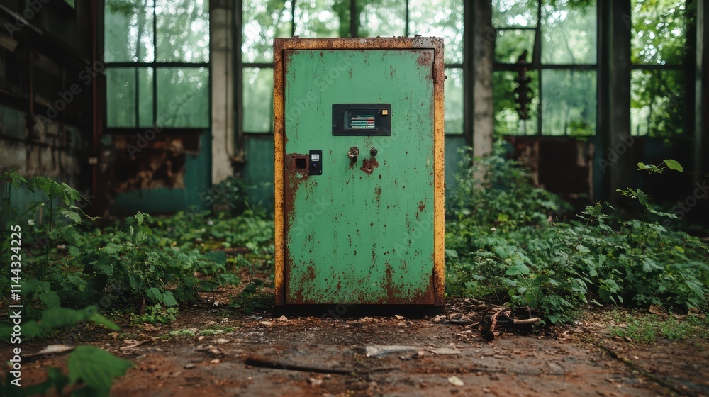 An aged green vending machine stands amidst overgrown vegetation in a dilapidated factory with broken windows, creating a stark contrast of decay and nature's reclamation. An aged green vending machine stands amidst overgrown vegetation in a dilapidated factory with broken windows, creating a stark contrast of decay and nature's reclamation.