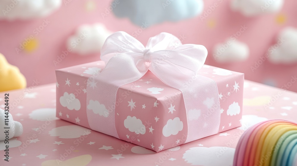 Charming Pink Gift Box with White Ribbon Surrounded by Clouds and Rainbow in a Whimsical Setting