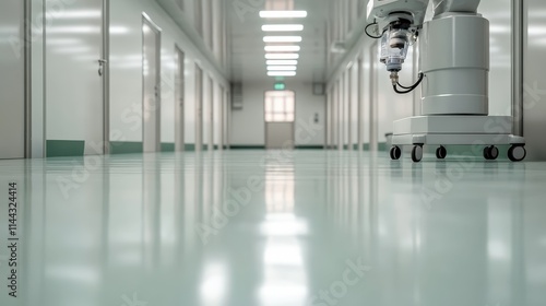 A high-tech corridor featuring a wheeled robot under bright lights  symbolizing technological progress and the future of human-robot interaction in controlled environments.