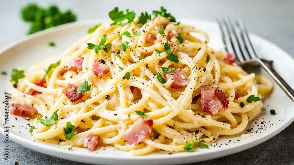 Creamy Spaghetti Carbonara with Bacon and Fresh Herb Garnish on Plate Creamy Spaghetti Carbonara with Bacon and Fresh Herb Garnish on Plate