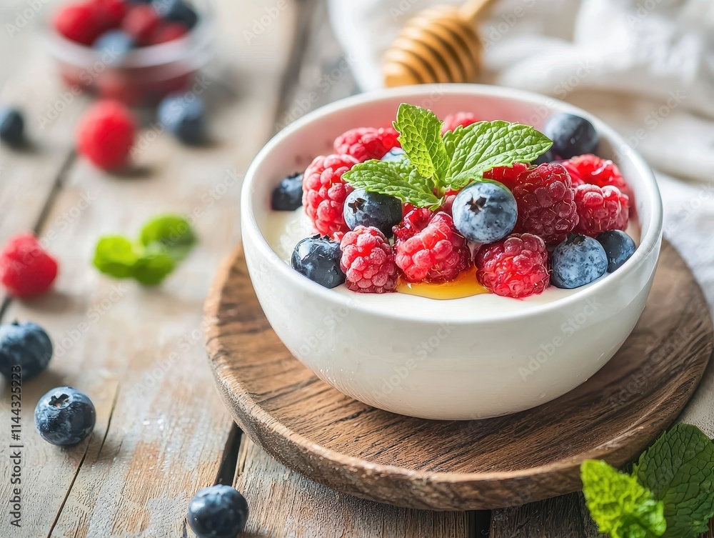 Fresh Berries and Creamy Yogurt Dessert in a Rustic Bowl with Honey Drizzle Fresh Berries and Creamy Yogurt Dessert in a Rustic Bowl with Honey Drizzle