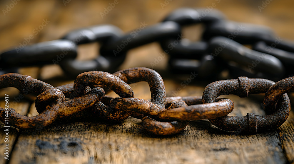 Close-up of a rusty chain on aged wood. Close-up of a rusty chain on aged wood.