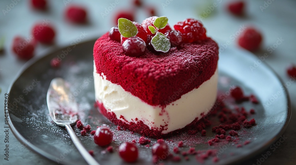 Heart-shaped red velvet cake with ice cream and raspberries. Heart-shaped red velvet cake with ice cream and raspberries.