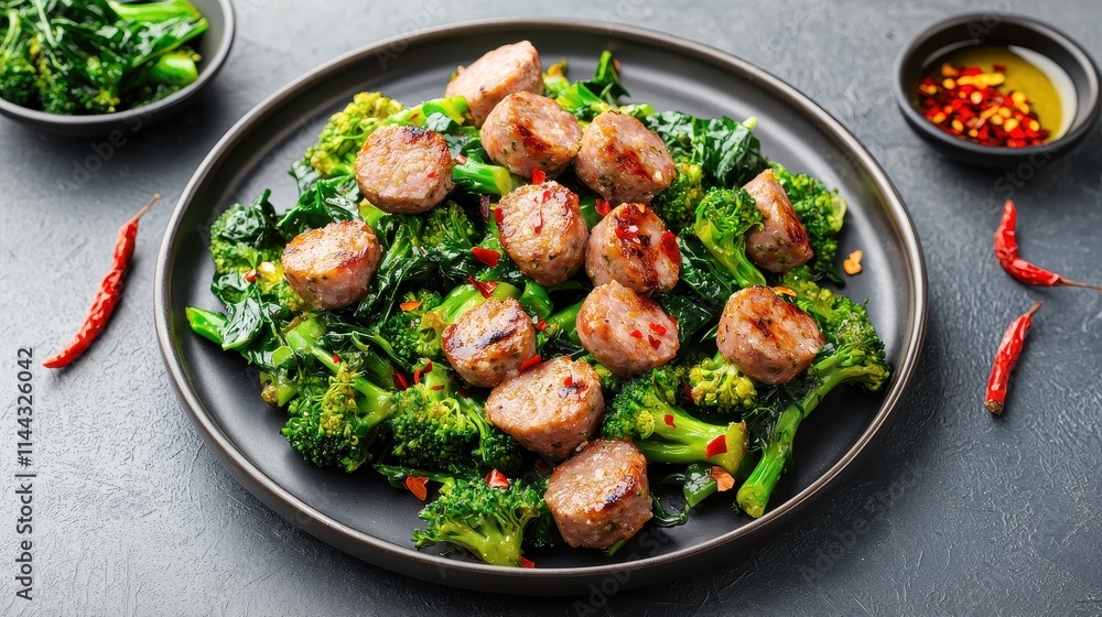 Savory Meatballs on a Bed of Fresh Broccoli and Greens with Chili Garnish Savory Meatballs on a Bed of Fresh Broccoli and Greens with Chili Garnish