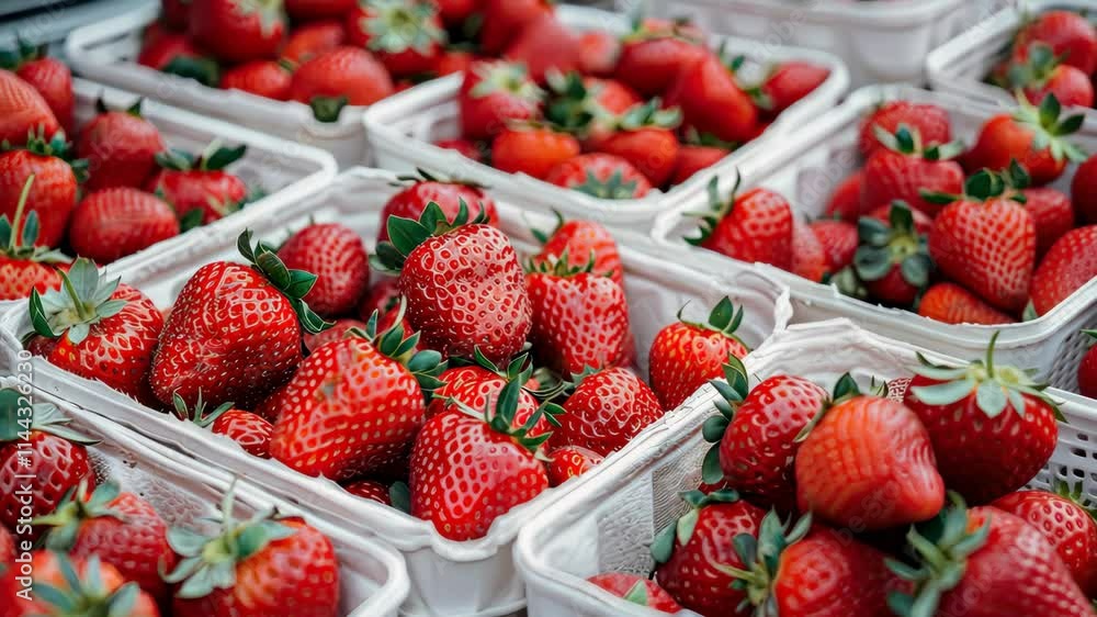Strawberries in boxes on the store counter. Selective focus. food.
