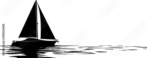 A minimalist black and white illustration of a sailboat gliding across calm waters, symbolizing tranquility and adventure.