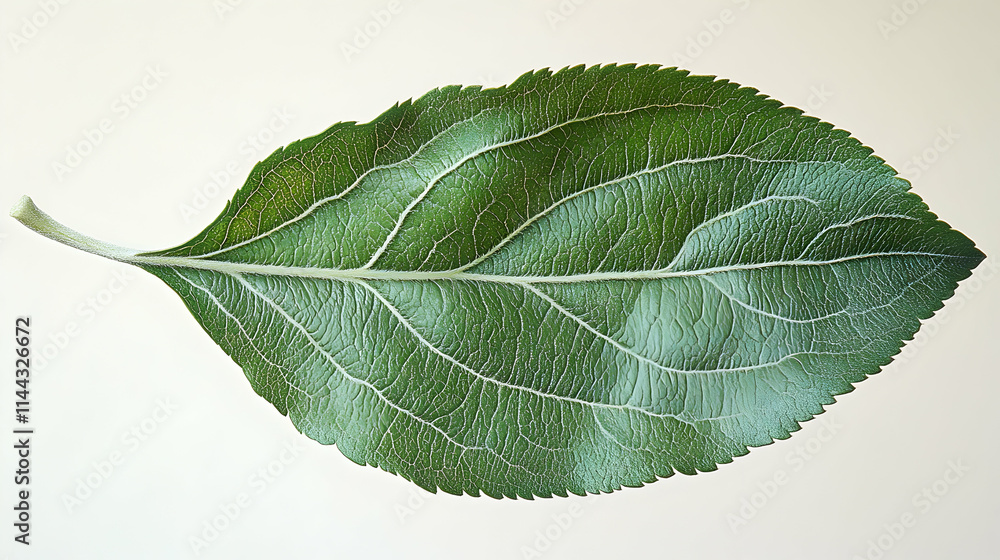 Obraz premium Close-up of a single green apple leaf, showcasing its veins and texture against a white background.