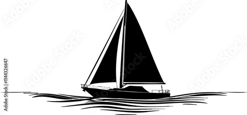 A sleek black and white illustration of a sailboat gracefully navigating through calm waters, representing adventure and exploration.