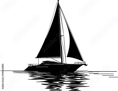 A sleek black silhouette of a sailboat on calm water, reflecting its image, ideal for nautical-themed designs.