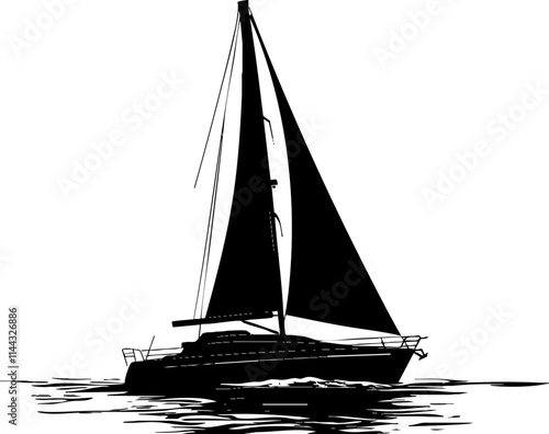A sleek black silhouette of a sailboat gracefully gliding across calm waters, perfect for nautical-themed designs.