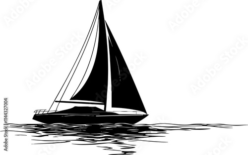 A minimalist black and white illustration of a sailboat gliding across calm water, perfect for nautical-themed designs.