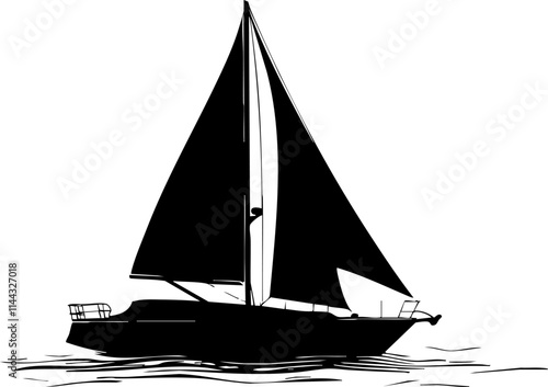 A minimalist black and white illustration of a sailboat gliding across calm waters, representing leisure and nautical adventures.