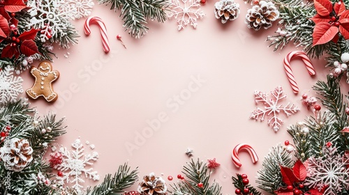Whimsical Christmas Frame with Flora and Seasonal Decor Elements Featuring Poinsettias, Pinecones, Candy Canes, Gingerbread, and Snowflakes on a Soft Pink Background