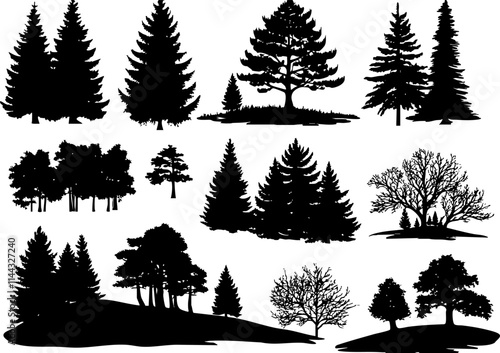 A collection of black silhouettes of various trees and bushes, ideal for nature-themed designs and illustrations.