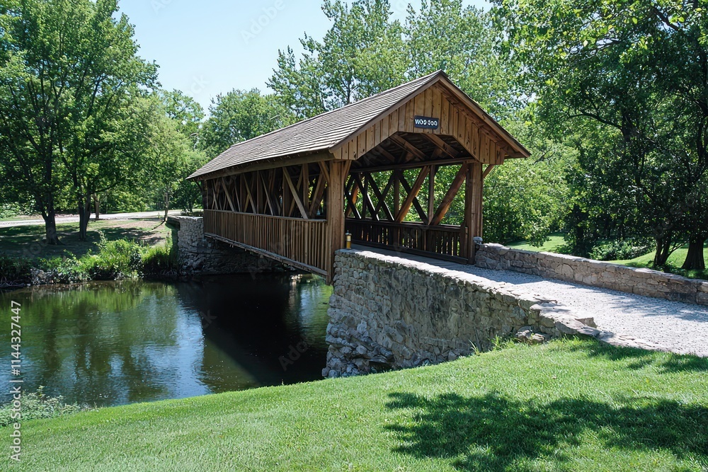 Covered bridge with wooden beams inside, crossing a quiet creek on a sunny day Covered bridge with wooden beams inside, crossing a quiet creek on a sunny day
