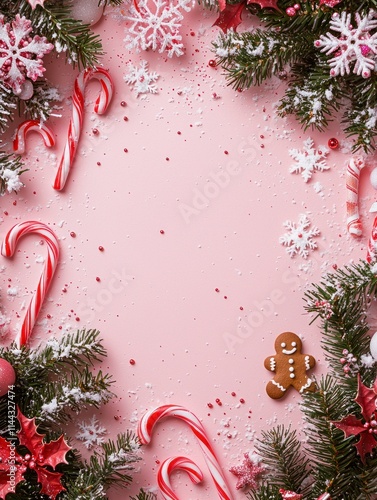 Whimsical Christmas Frame with Candy Canes and Snowflakes on a Soft Pink Background, Perfect for Holiday Greetings and Festive Designs