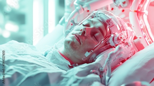 Wallpaper Mural A young man wearing a sophisticated headgear sleeps in a high-tech hospital bed, indicating advanced medical care and futuristic healing techniques. Torontodigital.ca