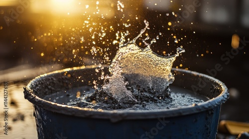 A partially mixed batch of cement and water in a bucket, with a splash of water glistening in the sunlight photo