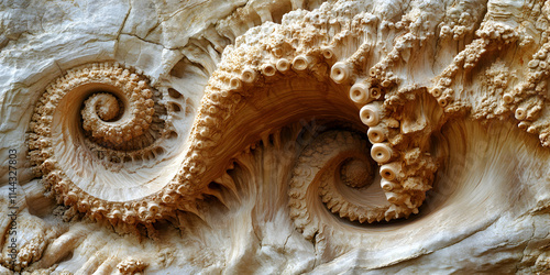 Intricate Spiral Rock Formation,  Nature's Sculptural Masterpiece, exhibiting swirling patterns and organic textures in a mesmerizing display. photo