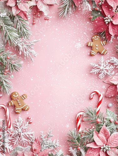 Whimsical Pink Christmas Frame Featuring Gingerbread Cookies and Festive Florals, Perfect for Holiday Celebrations and Seasonal Greetings