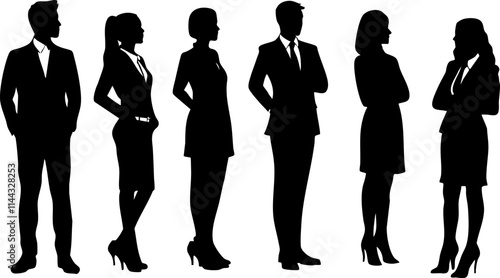 Silhouettes of business professionals in formal attire, representing teamwork, leadership, and corporate success in a professional setting.