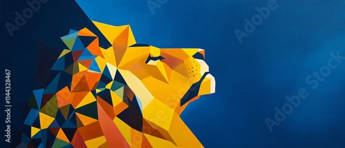 Colorful Low-Poly Lion Art: Vibrant Geometric Lion Head Illustration on Blue Background for Wildlife and Nature Themed Designs photo