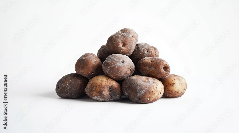 A pile of freshly washed organic potatoes with earthy textures and rich tones, isolated on a clean white background A pile of freshly washed organic potatoes with earthy textures and rich tones, isolated on a clean white background