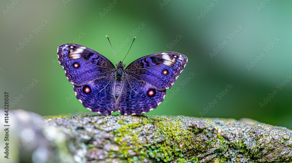 Fototapeta premium Purple butterfly perched on mossy rock.