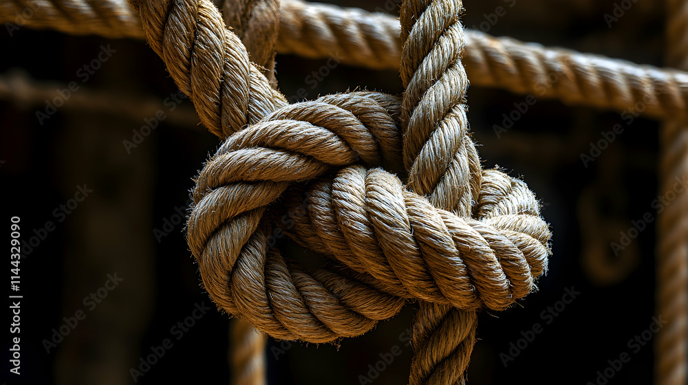 Close-up of a tightly knotted rope, showing texture and detail. Close-up of a tightly knotted rope, showing texture and detail.