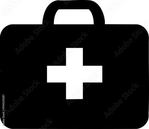 A simple, minimalist illustration of a first aid kit featuring a prominent cross symbol, ideal for health and safety contexts.